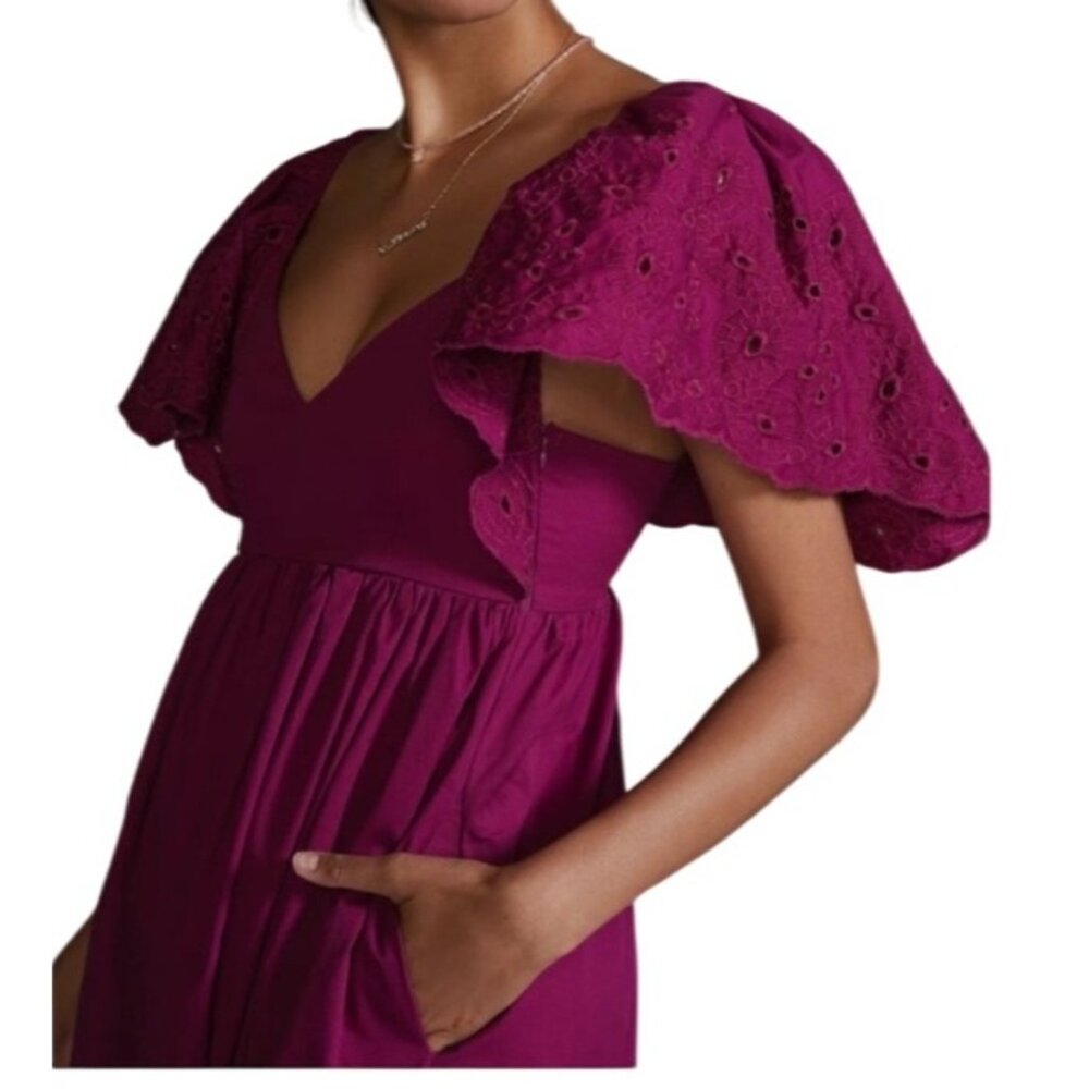 Anthropologie En Saison Eyelet Maxi Dress XS Puff Sleeve Cross Back Boho Ruffle - Picture 3 of 15